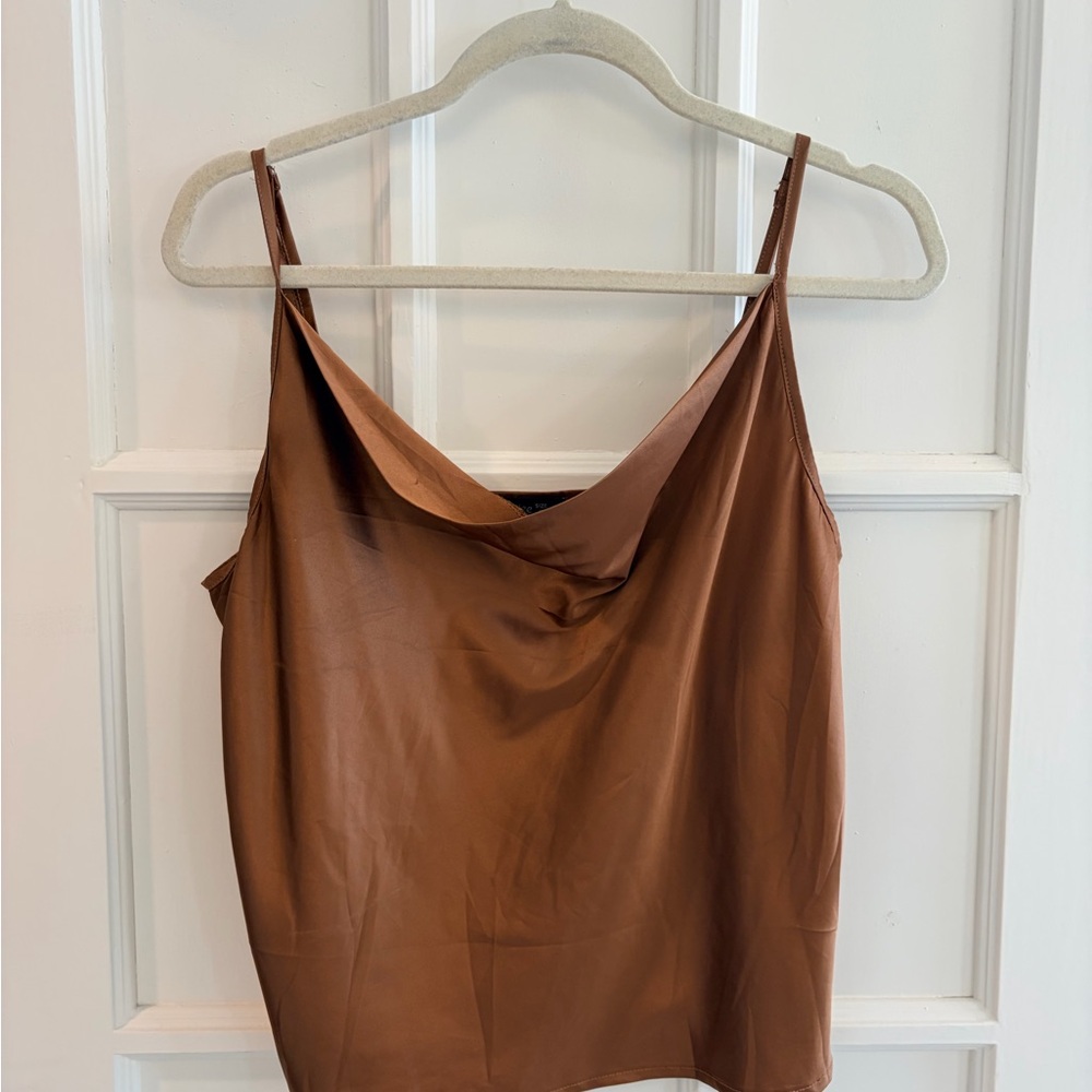 Simple Brown Satin Cowl Neck Camisole